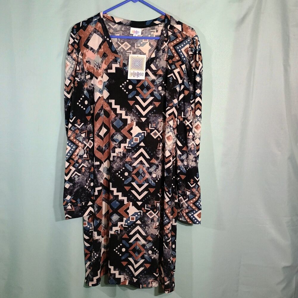LuLaRoe Women’s Geometric Print Dress – Long Sleeve V-Neck A-Line Midi Dress